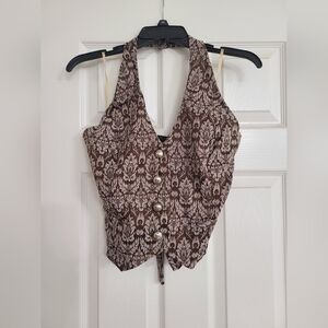 Elegant Brown Patterned Halter Vest with Button Details & Back Tie.